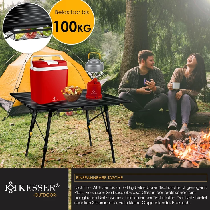 KESSER® Campingtisch faltbar Klapptisch mit Aluminiumrahmen Aufrollbare Tischplatte Falttisch klappbar höhenverstellbar inkl. Tragetasche mit Trageband & Netztasche Schwarz (120 x 70cm) – Bild 5