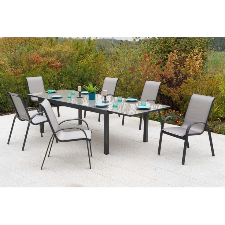Amalfi Gartenmöbel Set 7tlg, 6 Stapelsessel, Semi Ausziehtisch 200 (300) x 110 cm, graphit/diamant, Aluminium/Textil – Bild 2