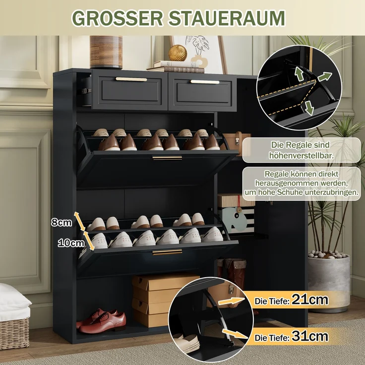 ZUBALIYA Schuhschrank (95 x 24 x 107 cm), 2 Schubladen, Verstellbare Einlegeböden, Stauraum für Flur und Eingangsbereich, Schwarz – Bild 16