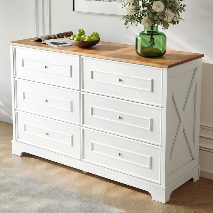 DESVIAE Sideboard mit 6 Schubladen 120x76x40 cm MDF und Spanplatte Weiß/Naturholz – Bild 3