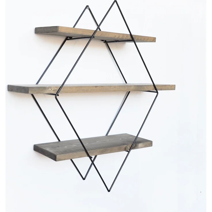 Calicosy Rautenförmiges Wandregal aus schwarzem Metall und Massivholz L60 cm - Holz – Bild 7