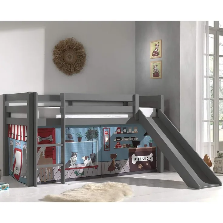 Vipack 'Pino' Halbhochbett 90x200 cm, grau, Kiefer massiv, mit Rutsche und Textilset 'Pet Shop'