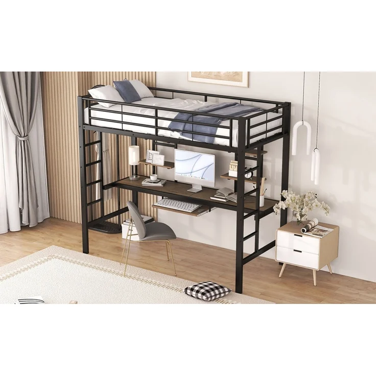 EINHOM Bettgestell Metallbett, Eisenbett, Hochbett mit Schreibtisch und Zwei Bücherregalen für Kinder, Jugendliche und Erwachsene, 90 x 200 cm, Schwarz (Ohne Matratze) – Bild 7