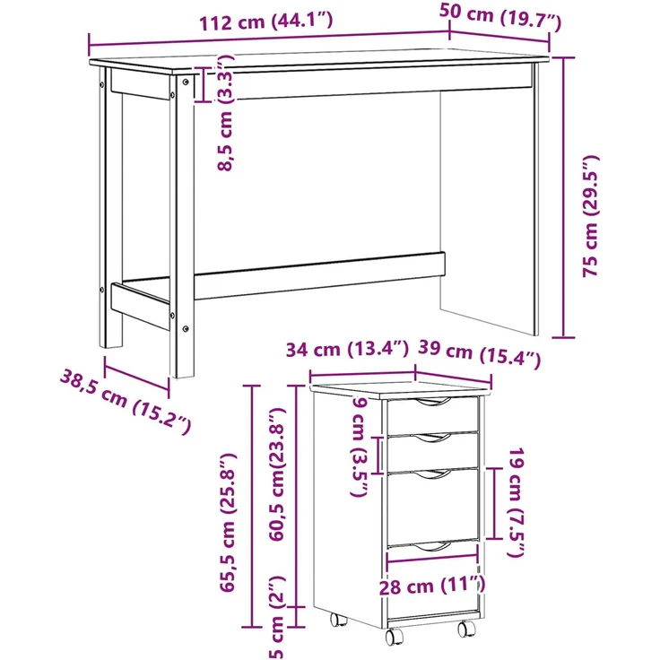 vidaXL Desk und Rolling Cabinet Set MOSS 2 pcs Honigbraun 3438790 – Bild 10