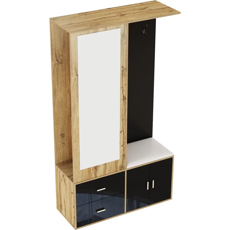 Kompaktgarderobe mit Spiegel, Schuhbank, Schuhregal und offenem Hängebereich, Garderobenschrank,Schwarz & Natur – Bild 9