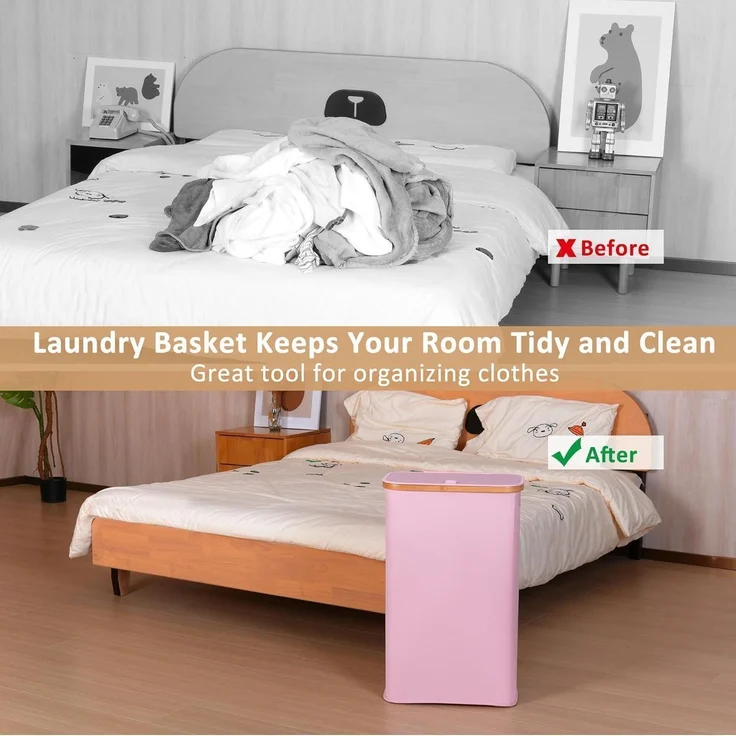 Wäschekorb mit Deckel 60L Rosa Bambusgriff Faltbarer Slim für Schlafzimmer – Bild 3