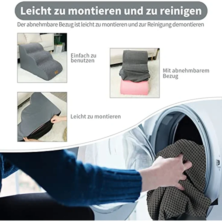 Nepfaivy Hundetreppe für Kleine Hunde 3-Stufig, Haustiertreppe für Bett und Sofa aus Hochdichtem Schwamm, Hunde Treppe Hunderampe mit Abnehmbarem, Waschbarem Bezug und Rutschfestem Boden, 60 x 40 x 40 cm – Bild 6