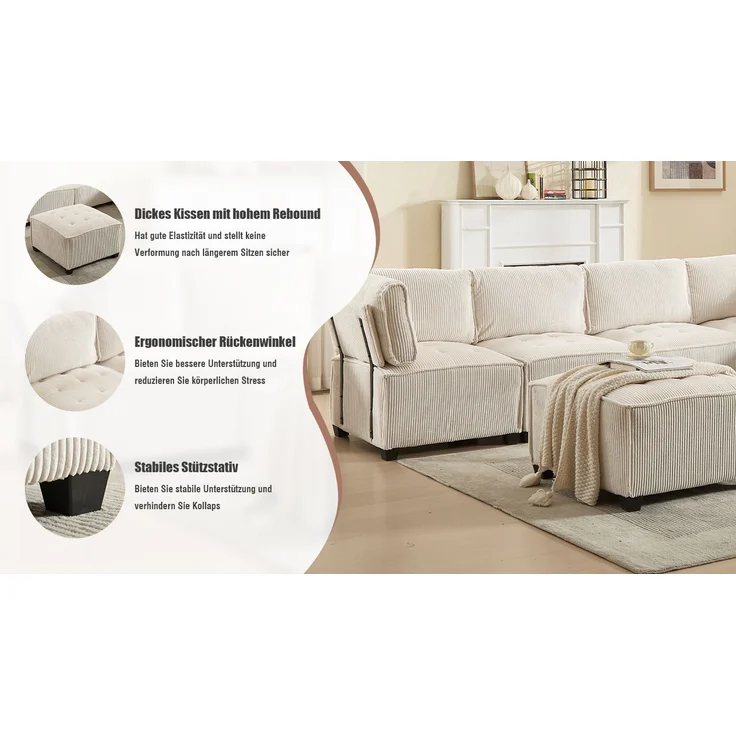 Modulares 6-Sitzer Sofa, ca. 308x154x82 cm, Beige Cord, mit Seitentaschen – Bild 5