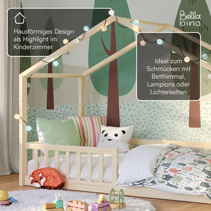 Bellabino 'Bia' Hausbett 90x200 cm, natur, Kiefer Massivholz, Bodenbett in Hausoptik, Montessori Kinderbett mit Rausfallschutz und Lattenrost – Bild 8
