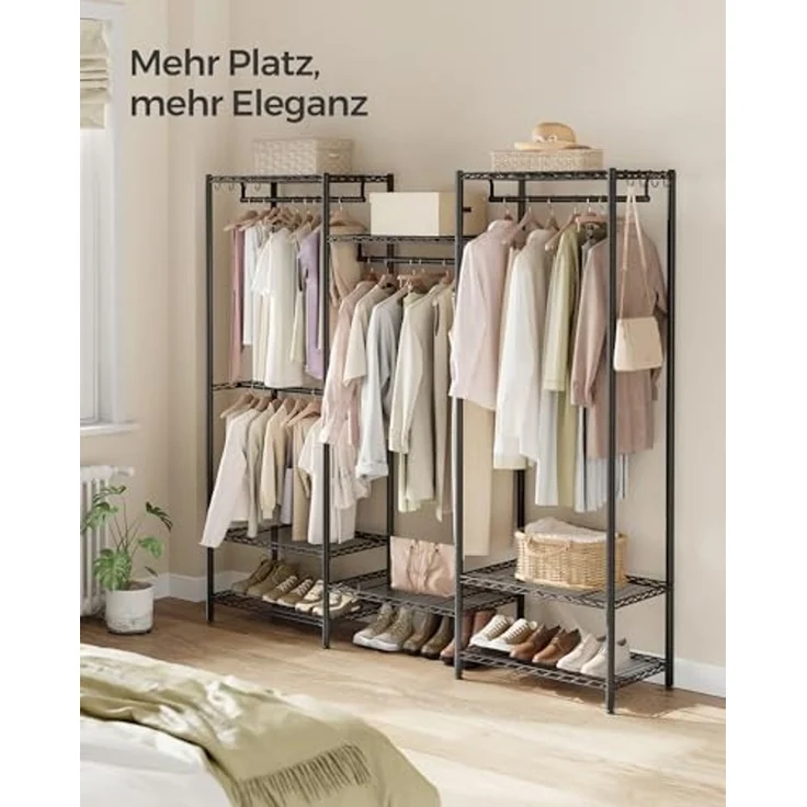 SONGMICS Kleiderständer, offener Kleiderschrank, Garderobe aus Metall, Garderobenständer mit verstellbaren Ablagen und Kleiderstangen, Haken, hochbelastbar, trennbar, tintenschwarz LGRDE431B01 – Bild 4