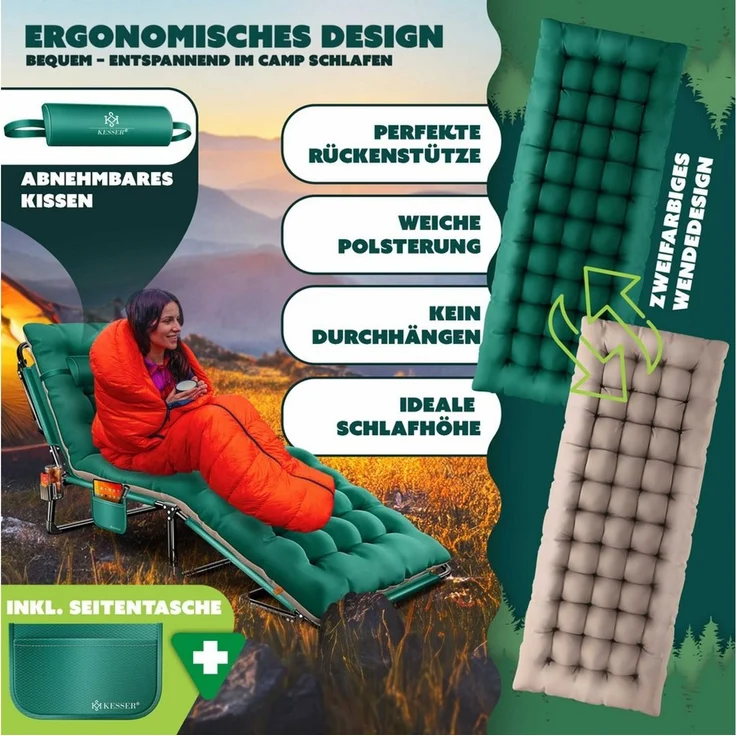KESSER® Campingbett klappbar mit Tragetasche, Nackenkissen, Vakuumtasche & Getränkehalter, 190 x 68 x 30 cm bis 250 kg belastbar, aus Oxford-Gewebe und stabilem Stahlgerüst, ideal für Garten Camping Taupe / Grün – Bild 3