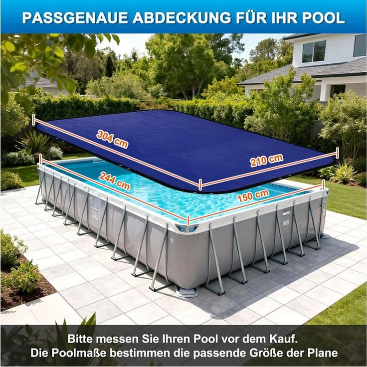 Clanmacy Pool-Abdeckplane Pool-Abdeckplane PE rechteckig Blau/Schwarz mit Ösen & Stahlseil – Bild 2