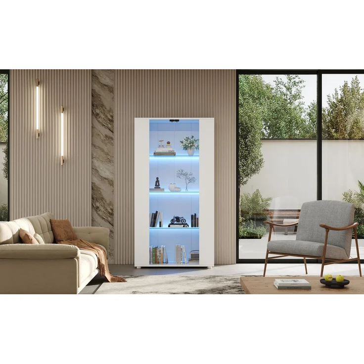 Vitrinenschrank mit 2 Glastüren, 4 Ablageflächen und verstellbarer LED-Beleuchtung – modernes Design für Wohnzimmer,Weiß,80×36×150cm--Weiß--80x36x150cm--YOUDENOVA – Bild 10