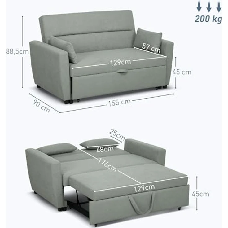 HOMCOM Schlafsofa 2-Sitzer Sofa mit Schlaffunktion, Verstellbare Rückenlehne, Schlafcouch 1 Teile, für Wohnzimmer, Gästezimmer, Hellgrau – Bild 4