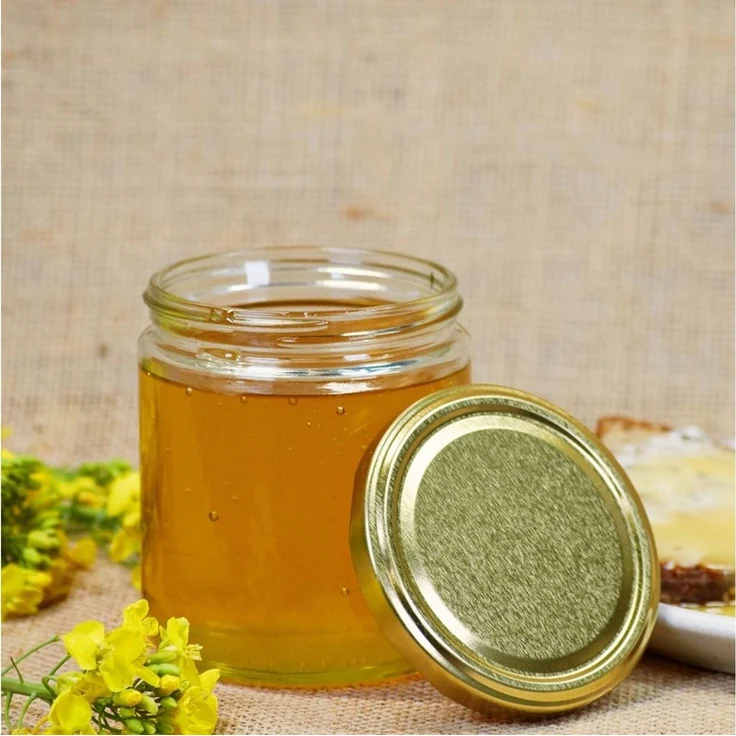 gouveo Honigglas 500g mit Schraub-Deckel - Leere Vorratsgläser 405 ml für Honig, Metall TO82 goldfarben, (24-tlg) – Bild 4