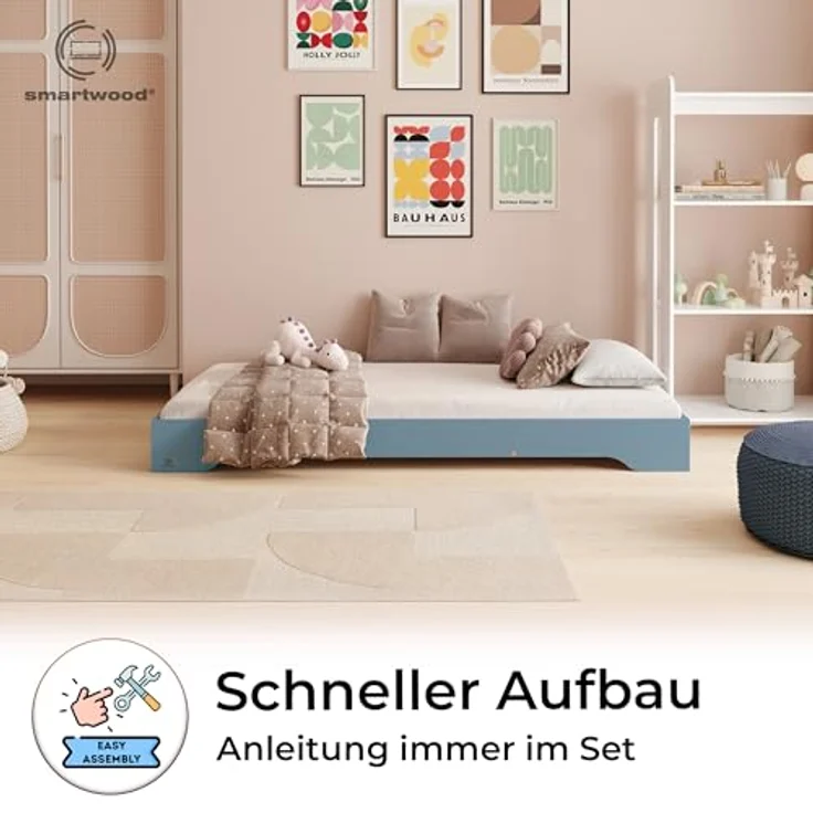 smartwood Kinderbett 140x200 Blau - Bodenbett aus Kiefernholz mit FSC-Zertifikat - Montessori Bett mit geradem Lattenrost bis zu 300 kg für Jungen und Mädchen - Einfache Montage - TILA 7 – Bild 4