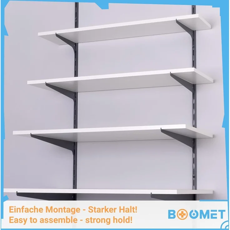 BOOMET Wandregalhalter Regalträger 1-reihig für Wandschienen, 4-tlg, Regalsystem Weiß 20cm Wandregalhalter Regalwinkel – Bild 6