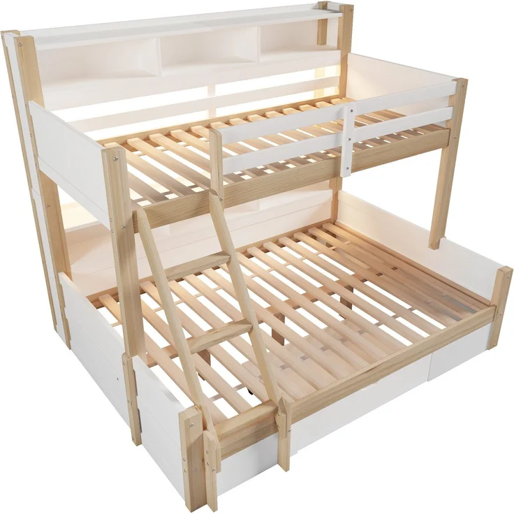 Etagenbett mit 2 Liegeflächen, LED-Beleuchtung, Schubladen, Regal, Rausfallschutz, Lattenrost, 90x200cm/140x200cm, Kinderbett, Massivholz – Bild 9