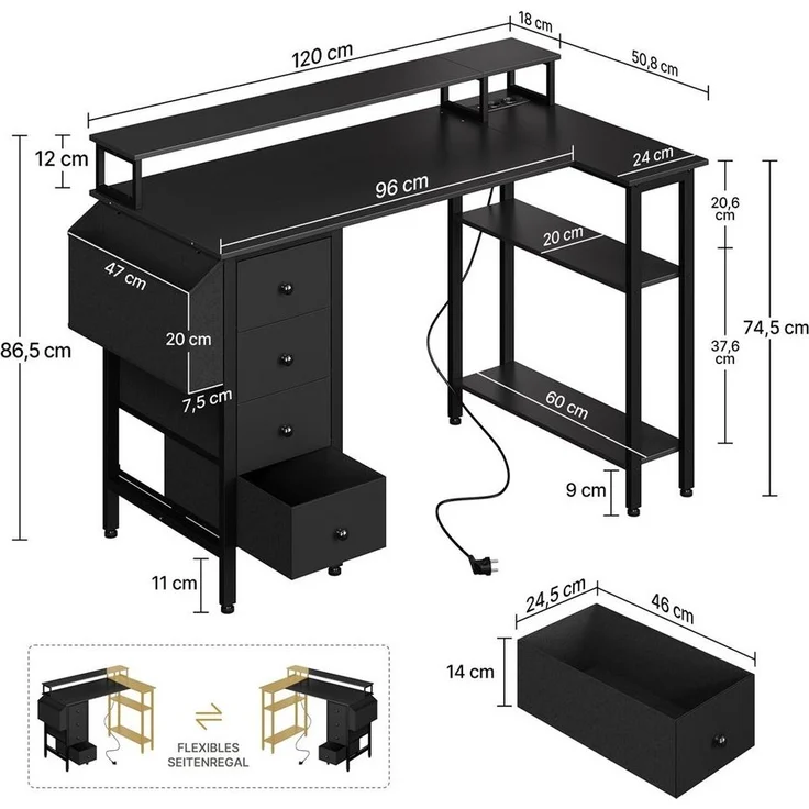 Yaheetech Computertisch Umkehrbarer Gaming-Schreibtisch mit Monitorhalterung, 120 cm L × 68 cm B × 86,5 cm H L-förmiger mit Steckdose – Bild 3