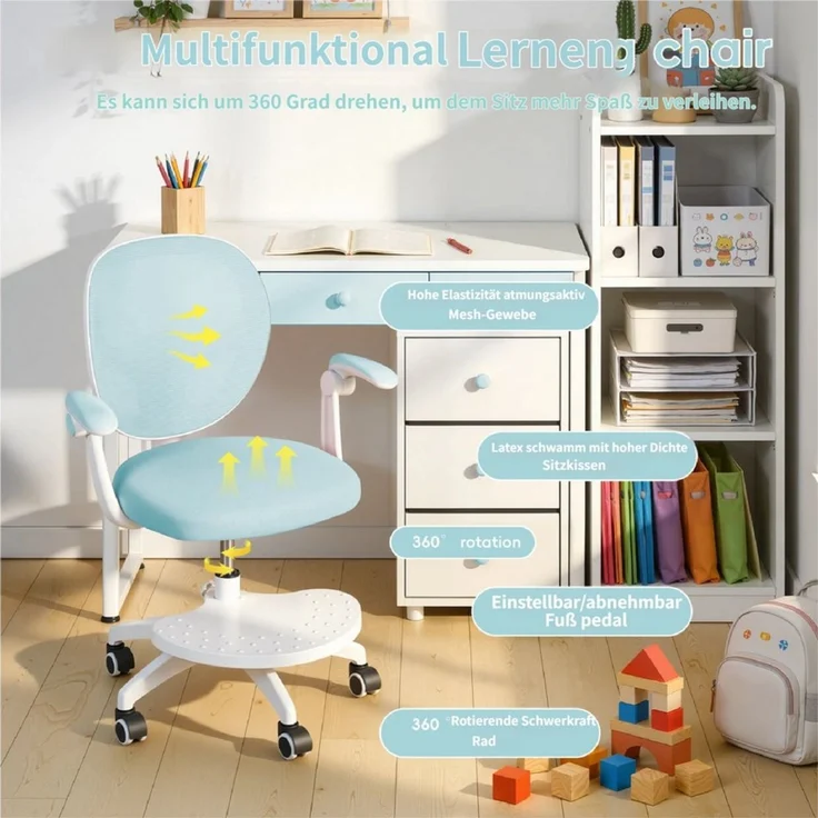 Rutaqian Schreibtischstuhl Schreibtischstuhl mit verstellbarer Fußstütze und Klapparm, Kinder-Studienstuhl 360-Grad-drehbarer für das Lernzimmer zu Hause – Bild 4