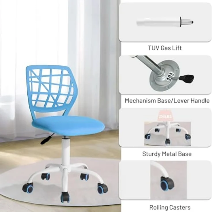 FurnitureR Kinder Schreibtischstuhl, höhenverstellbarer Drehstuhl mit kleinem Loch Rückenlehne Design, geeignet für Kinderzimmer oder Arbeitszimmer, blau I – Bild 4
