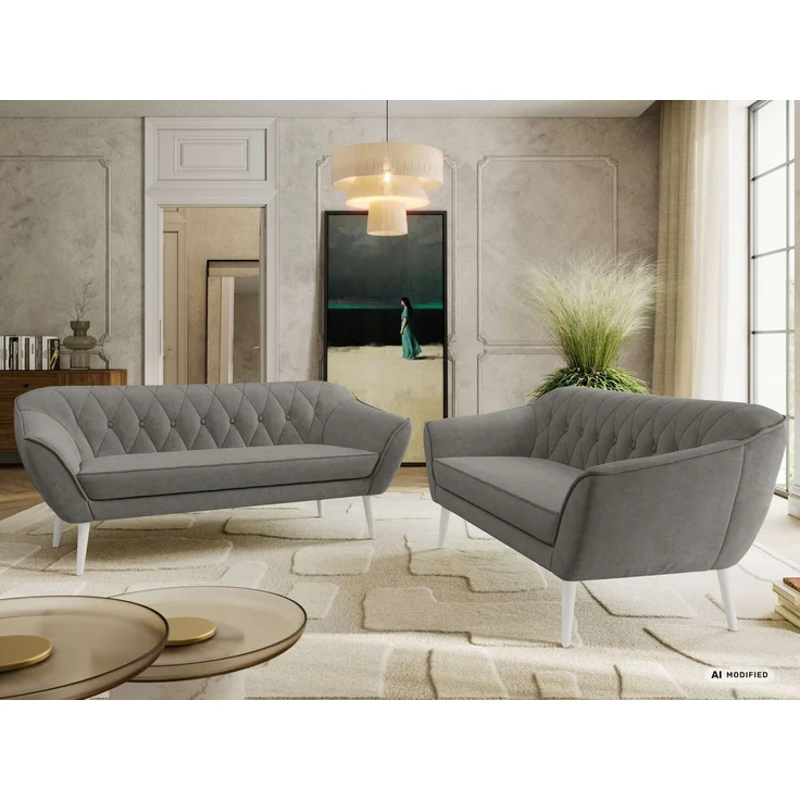 Wohnzimmerset Möbelset PIRS 3-3, Armlehnen, Wellenfederung, weiße Füße, Dreisitzer Sofa, Polstermöbel Set - Grau Stukture – Bild 4
