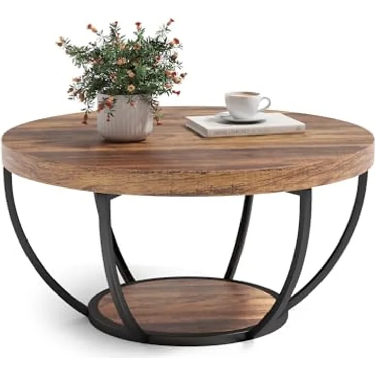 LITTLE TREE Kaffeetisch rund, 81,3 cm Beistelltisch aus Holz, 2-Etagen Couchtisch mit offener Ablage, industrieller Akzenttisch für Wohnzimmer, rustikales Braun/Schwarz