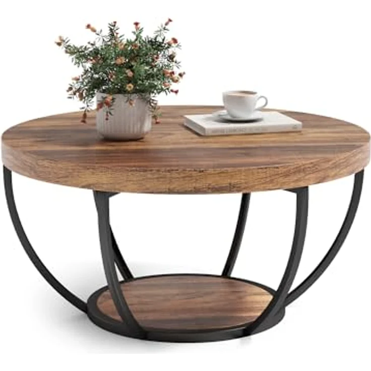 LITTLE TREE Kaffeetisch rund, 81,3 cm Beistelltisch aus Holz, 2-Etagen Couchtisch mit offener Ablage, industrieller Akzenttisch für Wohnzimmer, rustikales Braun/Schwarz – Bild 1