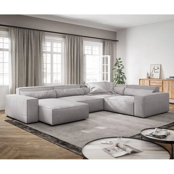 Wohnlandschaft Sirpio XL 360x260 cm Cord Silbergrau Recamiere variabel