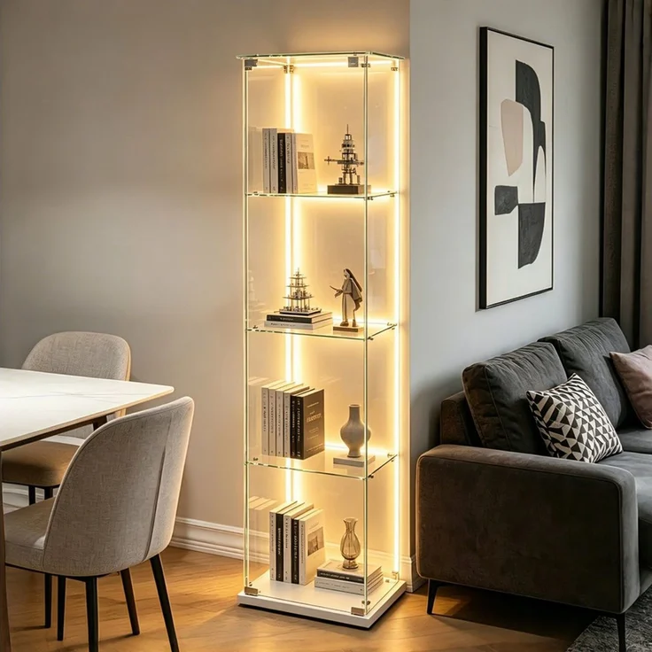 Simurq Glasvitrine Standvitrine mit Glastüren, Vitrine Glas mit LED, Vitrinenschrank (Eckglasanzeigeschrank, Sammlervitrine,Rahmenloses Design) Eckglasanzeigeschrank, Sammlervitrine, Rahmenloses Design – Bild 1