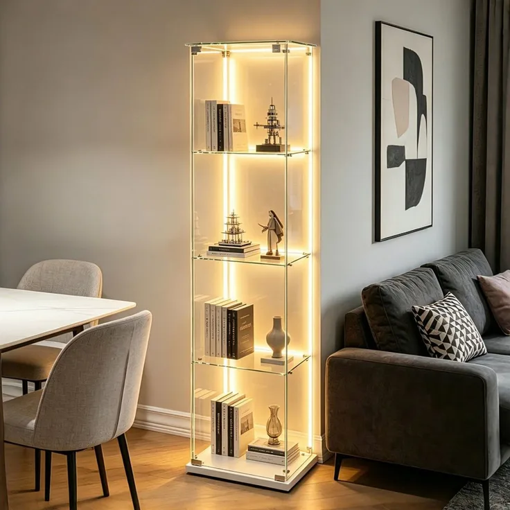 Simurq Glasvitrine Standvitrine mit Glastüren, Vitrine Glas mit LED, Vitrinenschrank (Eckglasanzeigeschrank, Sammlervitrine,Rahmenloses Design) Eckglasanzeigeschrank, Sammlervitrine, Rahmenloses Design