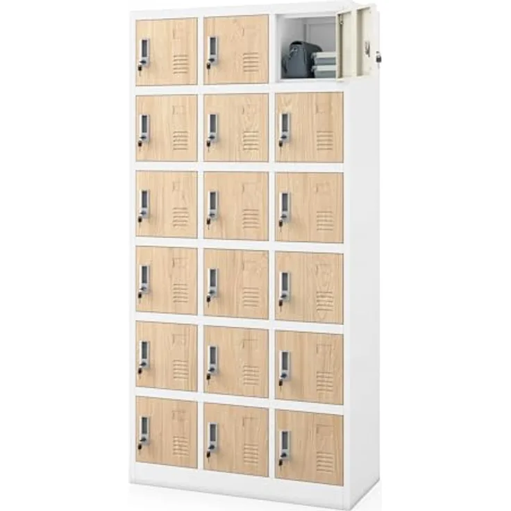 Jan Nowak Umkleideschrank 3B6A Fächerschrank Schließfachschrank mit 18 Fächern Metall Pulverbeschichtung 185 cm x 90 cm x 40 cm (Weiß-Holz)