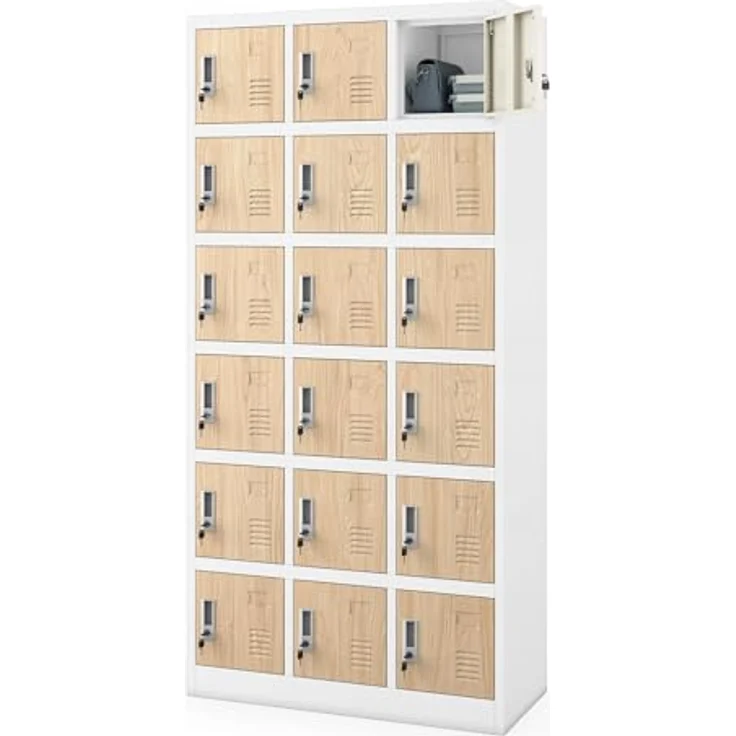 Jan Nowak Umkleideschrank 3B6A Fächerschrank Schließfachschrank mit 18 Fächern Metall Pulverbeschichtung 185 cm x 90 cm x 40 cm (Weiß-Holz) – Bild 1