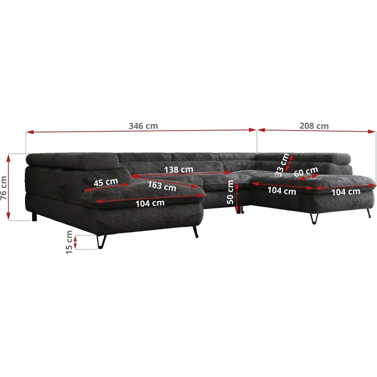 Ecksofa U-Form, mit Bettkasten, Bettfunktion und Einstellbare Kopfstützen, Sofa big XXL - PETER U - Dunkelgrau Plüsch – Bild 8