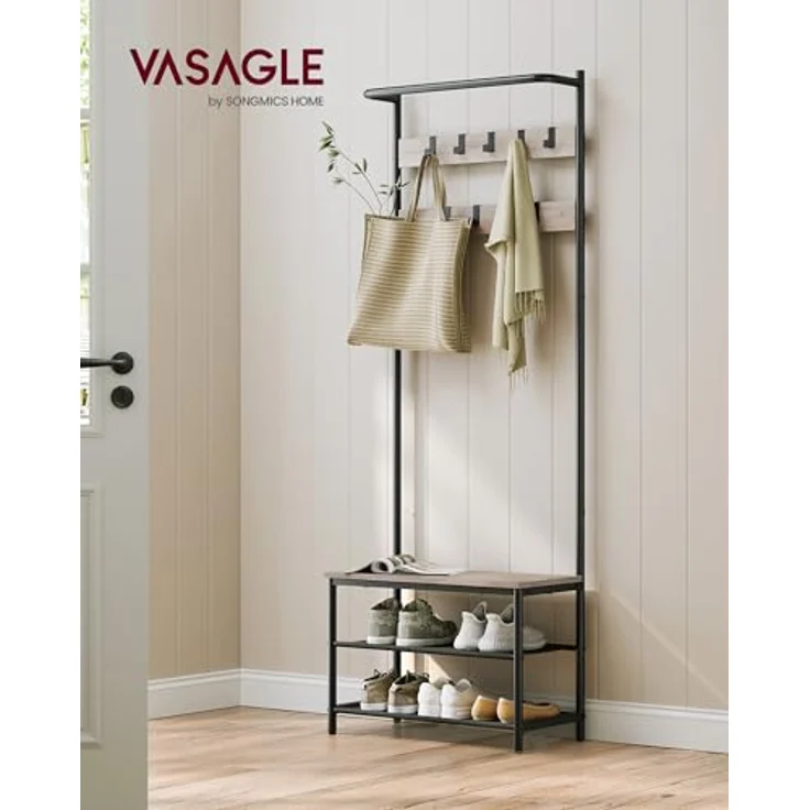 VASAGLE Garderobenständer, Garderobe mit Schuhbank, Kleiderständer, Kleiderstange, 9 abnehmbare Haken, 32,2 x 64 x 180 cm, Industrie-Stil, für Flur Schlafzimmer, Greige-schwarz HSR411B02 – Bild 3