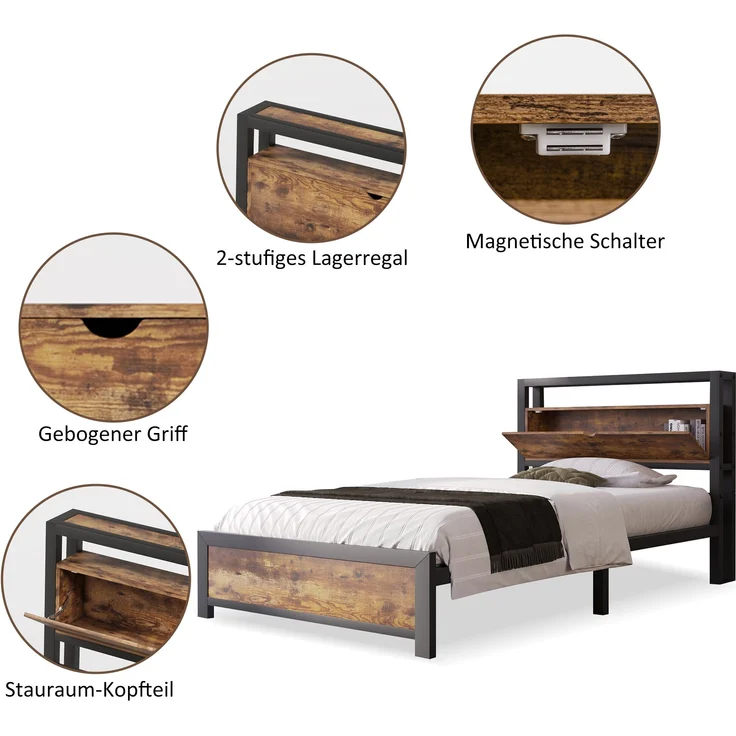 Metallbett mit Stauraum-Kopfteil & Lattenrost, 100x216x95 cm, Natur, ohne Matratze – Bild 6