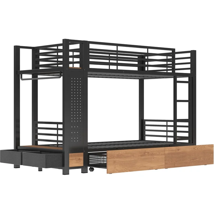 Etagenbett, 90 x 200 cm,Eisenrahmen,4 Schubladen,mehrere Ablageflächen,mit LED-Lichtleiste,Lochwand,mit Kleiderstange,Stauraum,Matratze nicht im Lieferumfang enthalten,Schwarz – Bild 9