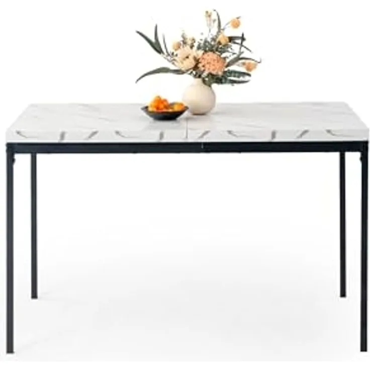 FurnitureR Esstisch 120cm Heller Luxus-Marmoreffekt-Küchentisch mit Hochleistungsmetallbeinen Moderner hölzerner rechteckiger Esstisch für 4-6 Person Esszimmer Restaurant Apartments, weißer Marmor