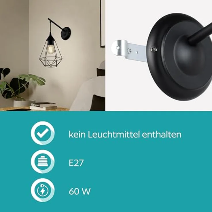 Eglo 49081 Wandleuchte TARBES E27 1X40W Stahl schwarz L:15,5cm H:37,5cm dimmbar – Bild 7