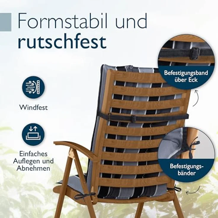 Beautissu Hochlehnerauflage 2er Set Sun-HL, 120x50x8cm, anthrazit-gestreift, mit Kopfpolster, rutschfest & robust, UV 5, Befestigungsbänder – Bild 5