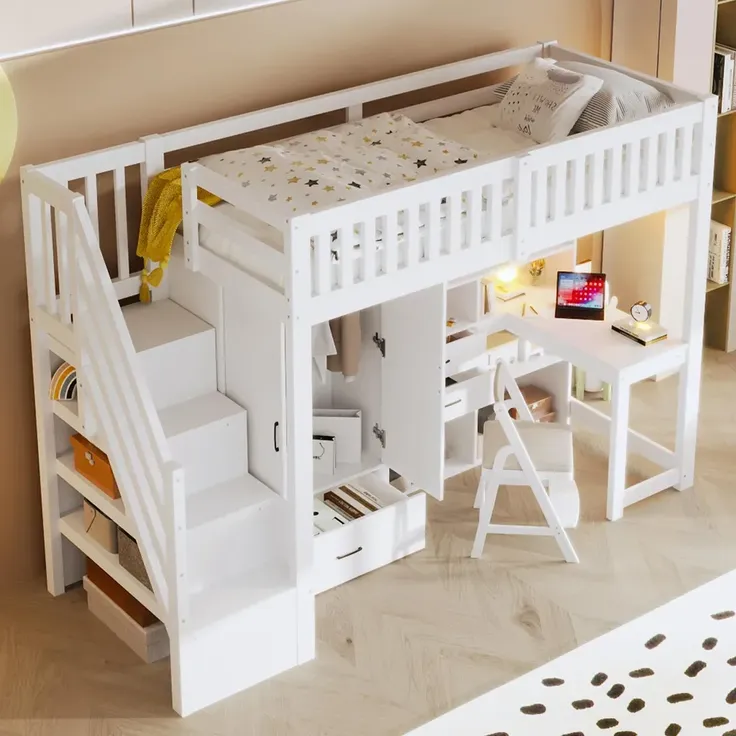 Hochbett mit Schreibtisch, Kleiderschrank, Regal, Lattenrost und Rausfallschutz, 90x200cm, Kinderbett, Stauraum, Jugendbett, Kiefer – Bild 4