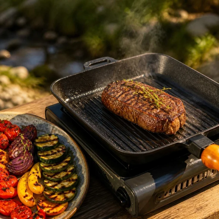 Gusseisen Grillpfanne 28x28 cm mit abnehmbarem Holzgriff – Grillstreifen-Effekt für Induktion & Backofen Steakpfanne Bratpfanne – Bild 4