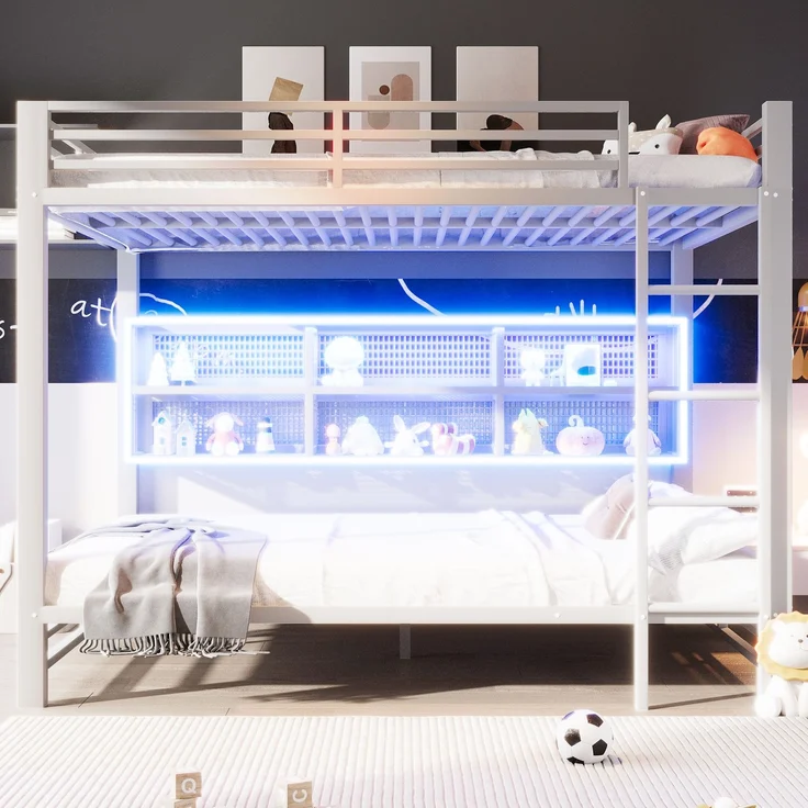 EINHOM 140 x 200 Cmetagenbett mit Stauraumschränken und LED-Licht, Doppelbett, Mit stabiler Leiter, Metall, mit Absturzsicherung, Weiß, Geeignet für Erwachsene und Jugendliche (Ohne Matratze) – Bild 3