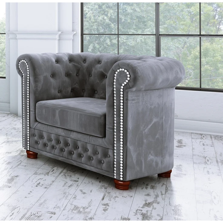 S-Style Möbel Chesterfield-Sessel Leeds aus Samt-Stoff mit Holzfüßen, mit Wellenfederung – Bild 1