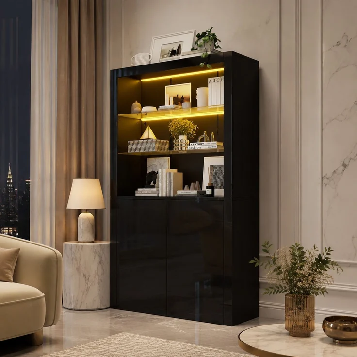 DESVIAE Hochschrank mit LED-Beleuchtung 100x170x35 cm MDF, Glas und Spanplatte Schwarz – Bild 1