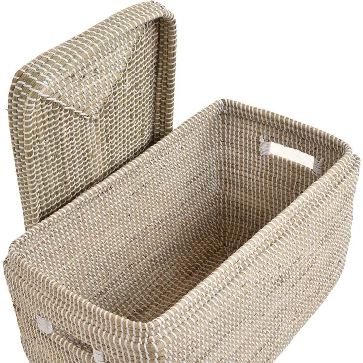 Krines Home Aufbewahrungskorb Handgearbeiteter Seegras Dekokorb mit Deckel Aufbewahrung Flechtkorb, Truhe Natur mit weißen Wicklungen Rund Box (Hell Natur, Truhe) – Bild 3