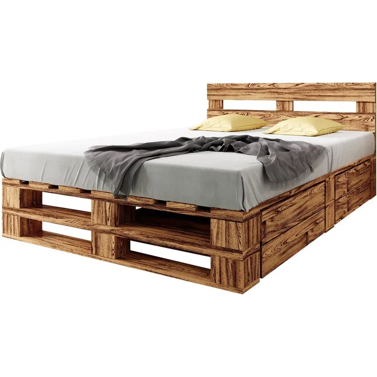sunnypillow Palettenbett M2 aus Holz 140x200 cm mit Kopfteil und 2 Bettkästen. Doppelbett, Familienbett - erhöhtes Ehebett Bettgestell Futonbett Komforthöhe Geflammt Massivholzbett
