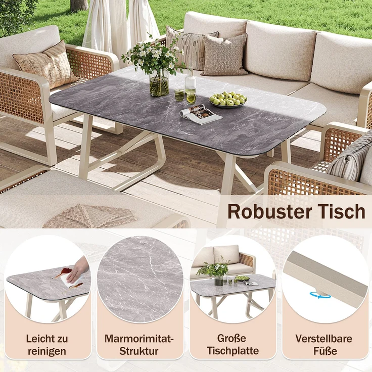 Merax Gartenlounge-Set für 6-7 Personen, PE-Rattan Sitzgruppe inkl. Beistelltisch, Gartensofa mit waschbaren Kissen, Beige – Bild 5