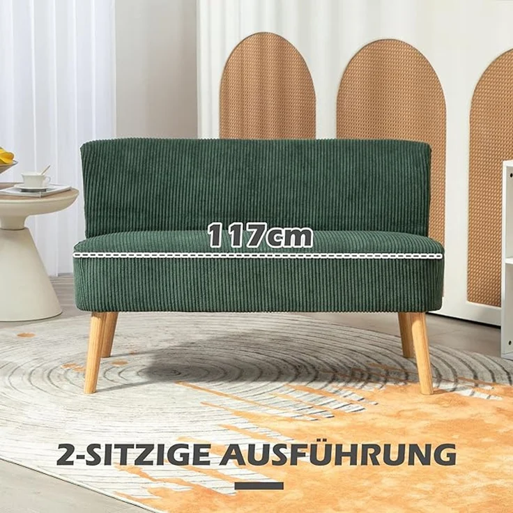 HOMCOM Polstersofa 2-Sitzer, mit Holzbeinen und Cord-Optik, Grün, 117 x 56,5 x 77 cm – Bild 5