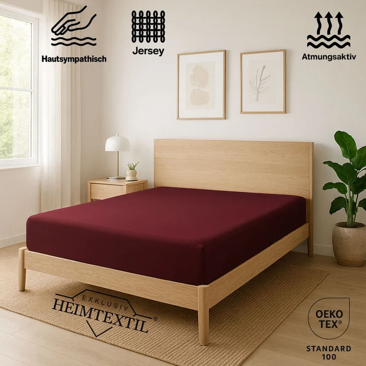 EXKLUSIV HEIMTEXTIL Jersey Spannbettlaken Deluxe 200 x 200 cm Bordeaux 160 GSM, 100% Baumwolle Öko - Tex Zertifiziert Bed-Sheet Bettlaken Spannbetttuch Topper Leinentuch – Bild 2